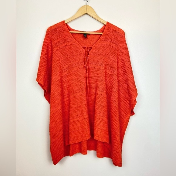 LAUREN RALPH LAUREN ORANGE LINEN BLEND CROCHET OVERSIZED PONCHO PETITE SMALL - Picture 6 of 7